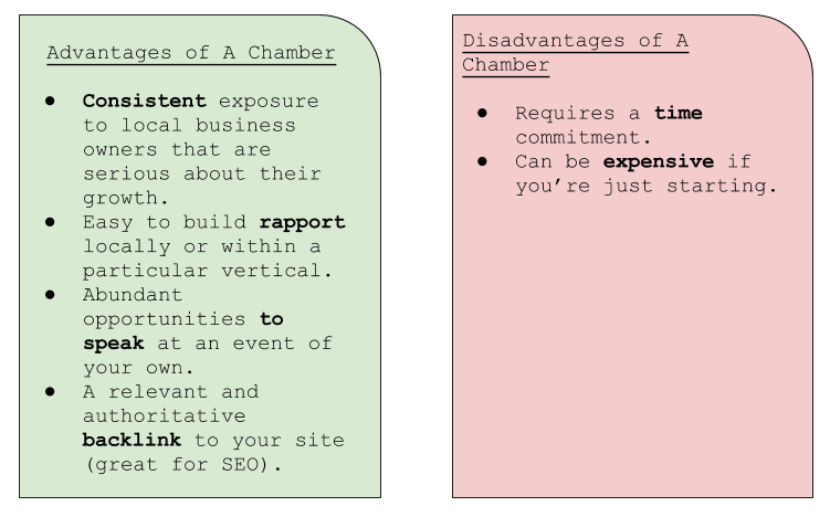 An image depicting the advantages and disadvantages of using a chamber of commerce. Overall, it will require a big time commitment and can be expensive, though the benefits usually outweigh the costs.