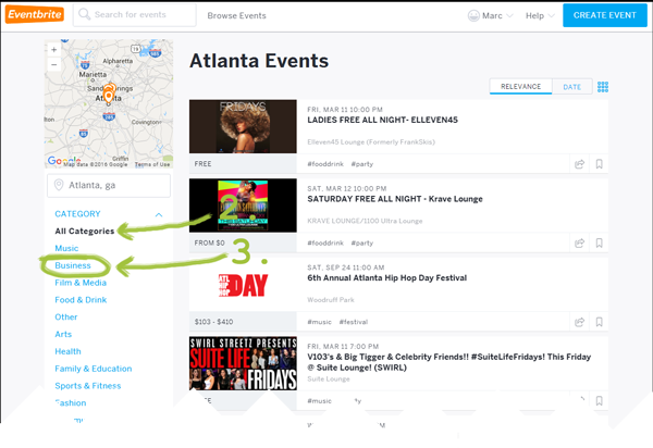 A picture of the Eventbrite.com interface, prompting you to verify that the location is set to "Atlanta, GA", Click the "Category" dropdown and then click "Business".