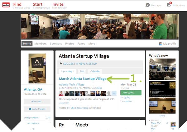 A screenshot of the Atlanta Startup Village event, prompting you to first click on the event title to see more details.