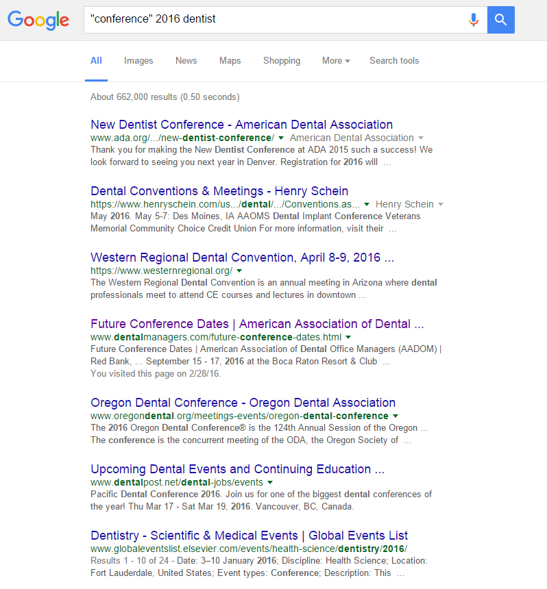 Google search engine results for Dentist conferences in 2016.