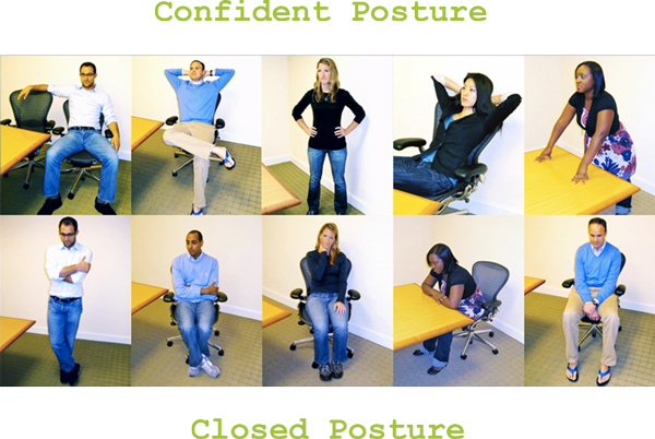 5 pictures of people in contrasting body postures. Some of them are standing with their arms on their hips (a very confident pose), whereas others are sitting with their arms folded.