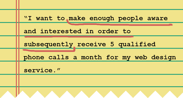 A notebook depicting the text: “I want to make enough people aware and interested in order to subsequently receive 5 qualified phone calls a month for my web design service.”