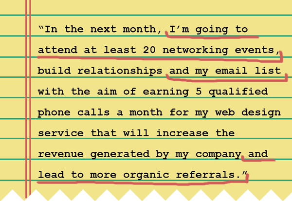 A notebook with the text: “In the next month, I’m going to attend at least 20 networking events, build relationships and my email list with the aim of earning 5 qualified phone calls a month for my web design service that will increase the revenue generated by my company and lead to more organic referrals.”