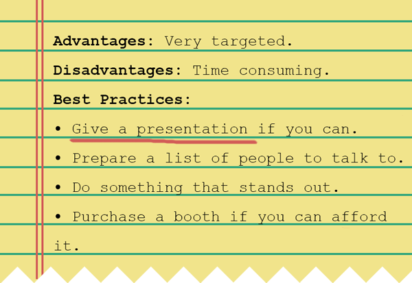 Best Practices: Do something that stands out. Have a list of people you want to talk to. Present if you can. Get a booth and draw people to it. Have a reason to approach. Passive referral hubs