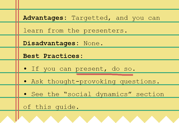 Best Practices: “Social Dynamics” section of this guide. Talk at the event if you can! Have a list of people you want to talk to.