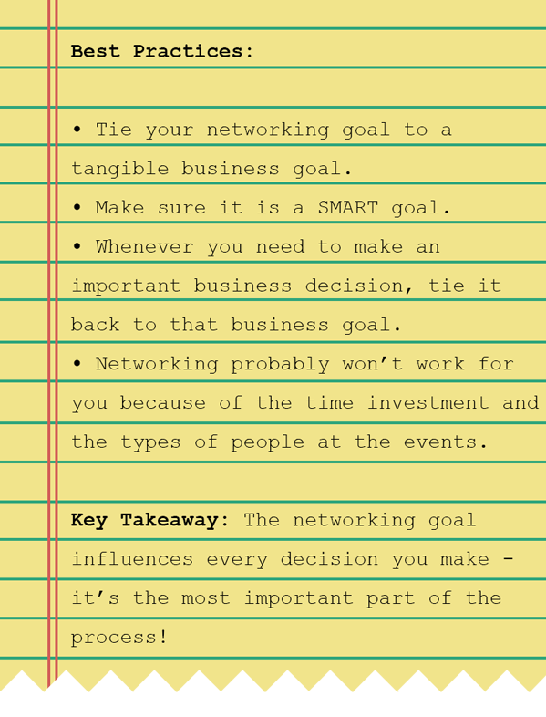 A notebook with some text that reads: tie your networking goal to a tangible business goal, make sure that it is a SMART goal, whenever you make an important business decision, refer back to your overall goal, networking probably won't work for you so don't get your hopes up just yet.