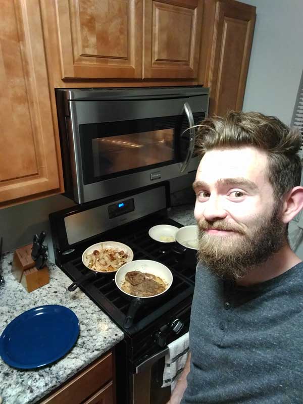This is me, cooking a delicious-ass steak in a rental home that I found on Craigslist. There's definitely some hidden gems on there!
