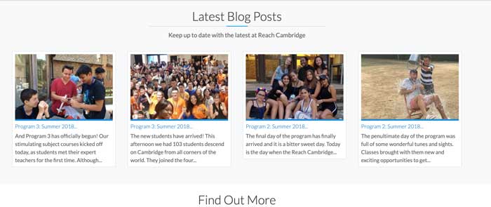 An example of the Reach Cambridge blog posts section, featuring pictures of lots of students enjoying themselves.