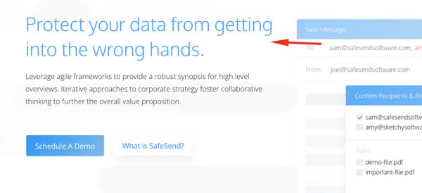 The new header text for SafeSend, reading "Protect your data from getting into the wrong hands"