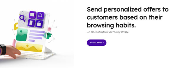 The new homepage header for Reelevant, reading "Send personalized offers to customers based on their browsing habits."