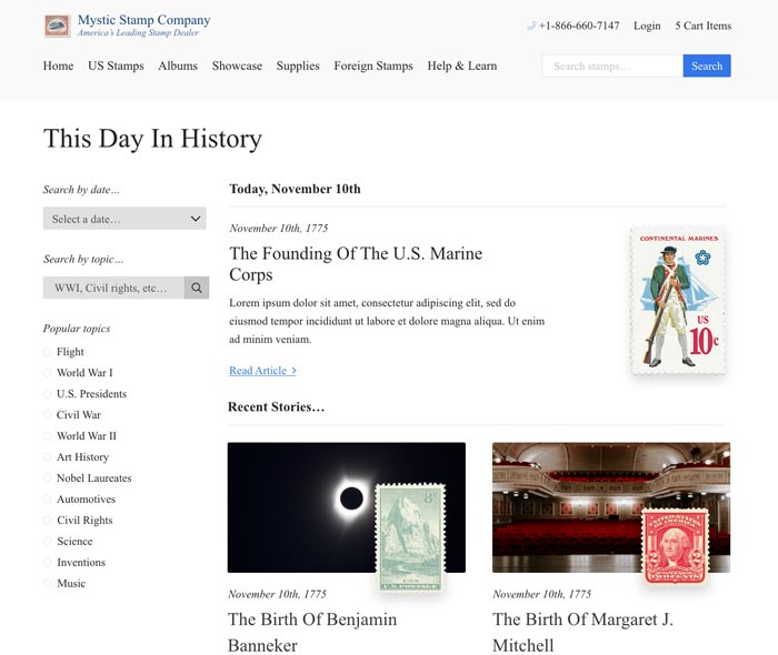 The new TDIH archive experience, with search filters on the left.
