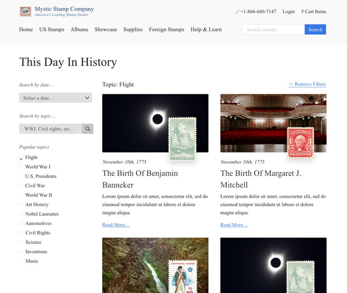 The new TDIH archive experience, with search filters active.